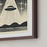 "UFO Encounters: Nostalgic Retro Woodcut" - Art Print in Galactic Gray by Roseanne Kenny - Frame Close-up