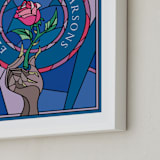 "Disney's Beauty And The Beast Stained Glass" - Personalized Art Print in Blue by Katharine Watson - Frame Close-up