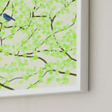"Plum tree with Birds in Spring" - Art Print in Green Blossoms by Jorey Hurley - Frame Close-up