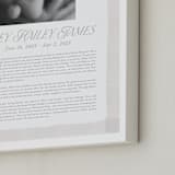 "Brush Stroke Obituary Print" - Custom Print in White by Jackie Crawford - Frame Close-up