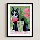 "Tuxedo Cat Barry with Pink Tulips" - Art Print in Dusty Green by Susan Black - Framed