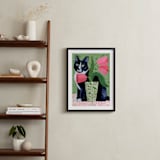 "Tuxedo Cat Barry with Pink Tulips" - Art Print in Dusty Green by Susan Black - In a Room