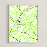 "Plum tree with Birds in Spring" - Art Print in Green Blossoms by Jorey Hurley - Framed