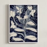 "Petals on Indigo" - Art Print in Indigo Blue by Deborah Velasquez - Framed Canvas