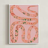 "Folk Floral Snake" - Art Print in Coral by Juliana Moreira-Callahan - Framed Canvas