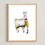 "LLama and Boy" - Art Print in Cozy Yellow by Sarah Fitzgerald - Framed