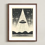 "UFO Encounters: Nostalgic Retro Woodcut" - Art Print in Galactic Gray by Roseanne Kenny - Framed