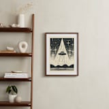"UFO Encounters: Nostalgic Retro Woodcut" - Art Print in Galactic Gray by Roseanne Kenny - In a Room