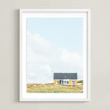 "Yellow House At The Hill" - Art Print in Pastel Blue by Alexandra Feo - Framed