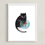 "Black Cat and goldfish" - Art Print in Black by Farinaz Vaseghi - Framed