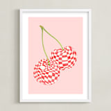 "Checkerboard Cherries" - Art Print in Pastel Pink by Luci Power - Framed