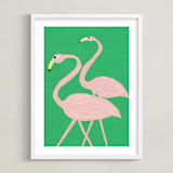 "Flamingo Amigos" - Art Print in grass green by Elliot Stokes - Framed
