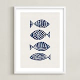"Linocut Fishes" - Art Print in Navy Blue by Alisa Galitsyna - Framed