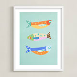 "Fun Sardines!" - Art Print in Blue by AlisonJerry - Framed