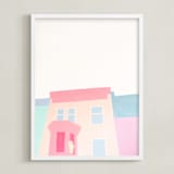 "English Sheepdog in Quebec City" - Art Print in Sweet Pink by jinseikou - Framed