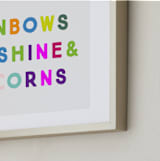 "Rainbows Sunshine & Unicorns" - Art Print in Sparkle by Lori Wemple - Frame Close-up
