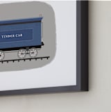 "Vintage Tinder Car Train" - Art Print in blue valley by Rebecca Marchese - Frame Close-up
