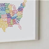 "Delightfully Lettered USA Map" - Art Print in Rainbow by Jessie Steury - Frame Close-up