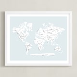 "Beautiful World Map" - Art Print in Soft Sky by Jessie Steury - Framed