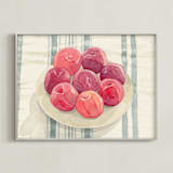 "red plums on linen tablecloth" - Art Print in Plum Red by Pippa Shaw - Framed