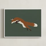 "Leaping Fox" - Art Print in Forrest Green by Kelly Watkins - Framed Canvas
