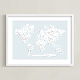 "Beautiful World Map" - Art Print in Soft Sky by Jessie Steury - Framed
