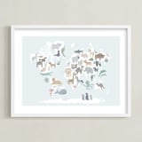 "Wild World Map" - Art Print in Sky by Jessie Steury - Framed