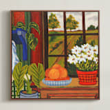 "By the Window" - Art Print in Green Gold by Arrin Kartel - Framed Canvas