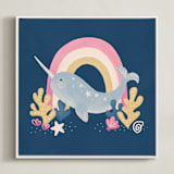 "Narwhal Magic" - Art Print in Deep Sea Blue by Sabrina Excene - Framed Canvas