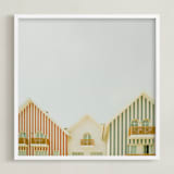 "Striped houses" - Art Print in Gray Blue by Lena Erysheva - Framed
