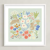 "Bunnies in the Garden" - Art Print in Seafoam Blue by Anne Lehman Stolpe - Framed