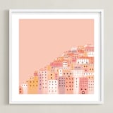 "Positano Houses" - Art Print in Peachy Pink by Laura Mitchell - Framed