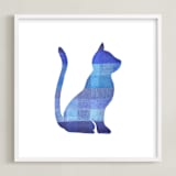 "Blue Party Kitty" - Art Print in Silhouette Blue by Jeff Preuss - Framed