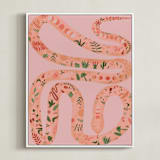 "Folk Floral Snake" - Art Print in Coral by Juliana Moreira-Callahan - Framed Canvas