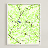 "Plum tree with Birds in Spring" - Art Print in Green Blossoms by Jorey Hurley - Framed