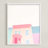 "English Sheepdog in Quebec City" - Art Print in Sweet Pink by jinseikou - Framed