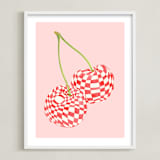 "Checkerboard Cherries" - Art Print in Pastel Pink by Luci Power - Framed