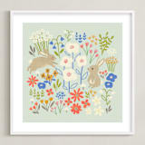 "Bunnies in the Garden" - Art Print in Seafoam Blue by Anne Lehman Stolpe - Framed