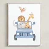 "Safari Friends 4" - Art Print in Blue by Teju Reval - Framed Canvas