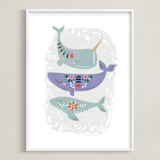 "Folk Whales" - Art Print in Mint by Hannah Williams - Framed