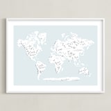 "Beautiful World Map" - Art Print in Soft Sky by Jessie Steury - Framed