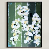 "White Poppies" - Art Print in Emerald Green by Mary Baude - Framed