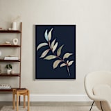 "Botanical Leaves in Blue I" - Art Print in navy blue by Nika Martinez - In a Room