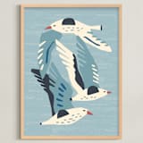 "Seagulls" - Art Print in Neutral Blue Green by Roochita Chachra - Framed