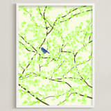 "Plum tree with Birds in Spring" - Art Print in Green Blossoms by Jorey Hurley - Framed