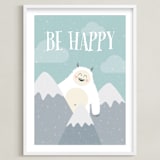 "Be Happy Yeti" - Art Print in Blue Sky by Chelsey Scott - Framed
