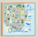 "Charleston Illustrated Map" - Art Print in Ocean by Lauren Hughes - Framed
