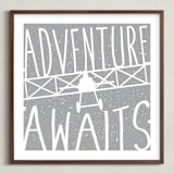 "Adventure Awaits Vintage Airplane" - Art Print in White by Lorena Depante - Framed