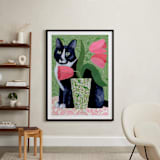"Tuxedo Cat Barry with Pink Tulips" - Art Print in Dusty Green by Susan Black - In a Room