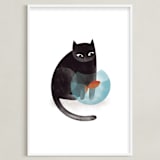 "Black Cat and goldfish" - Art Print in Black by Farinaz Vaseghi - Framed